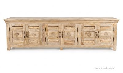 Ibiza dressoir / TV kast  XL -  sunflower - naturel mangohout - shutters met houtsnijwerk 200*56*40 cm