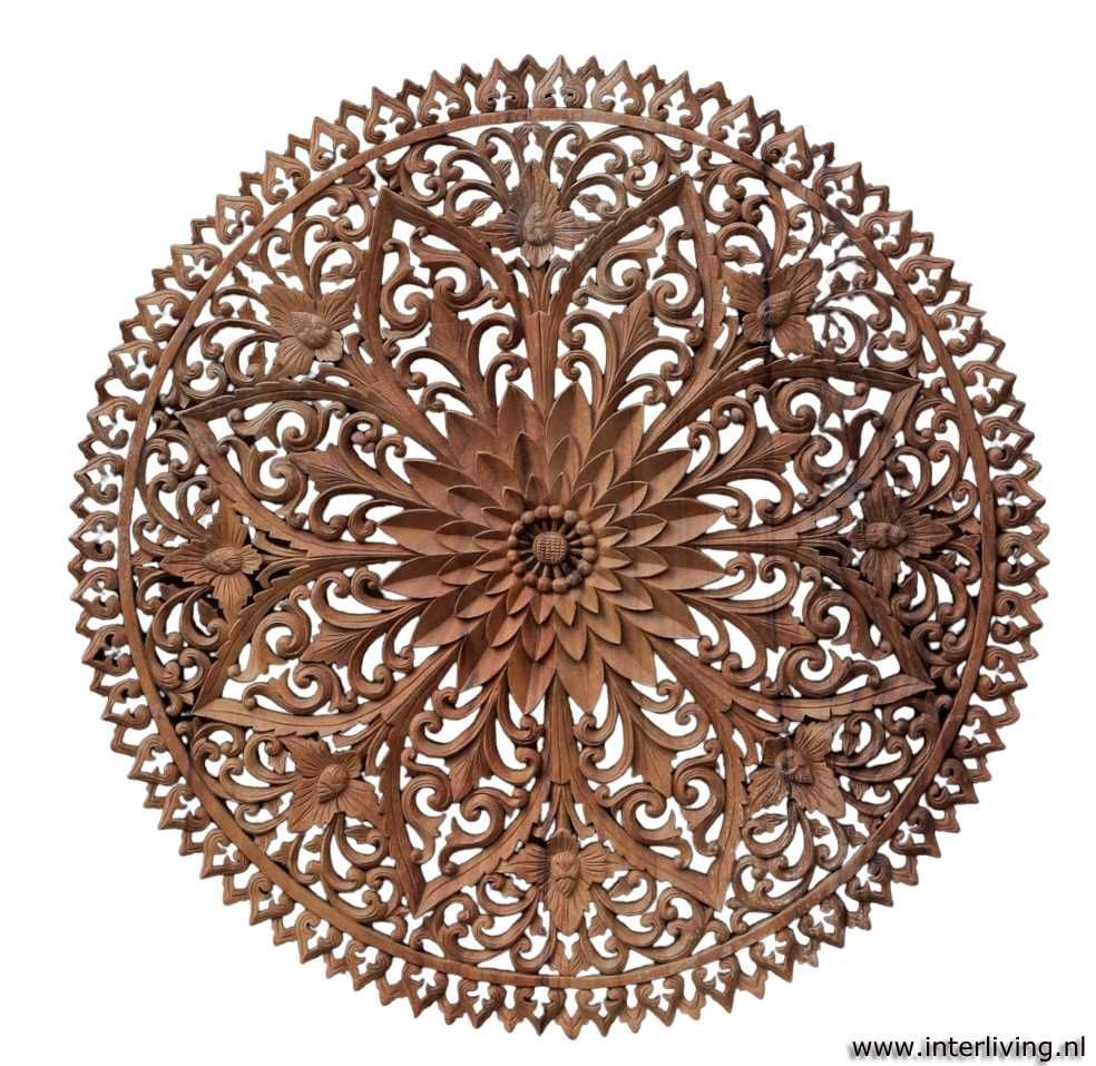 rond lotus houtsnijwerk wandpaneel Ø 120 cm - donker teakhout - muurdecoratie handgemaakt uit Indonesie rond lotus houtsnijwerk wandpaneel Ø 120 cm - donker teakhout - muurdecoratie handgemaakt uit Indonesie