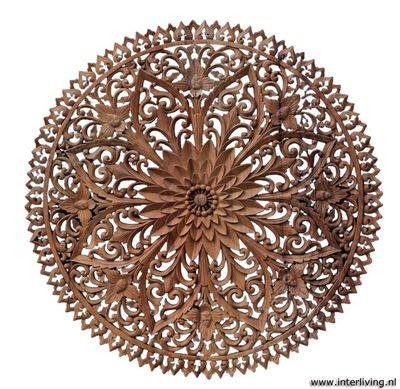 rond lotus houtsnijwerk wandpaneel Ø 120 cm - donker teakhout - muurdecoratie handgemaakt uit Indonesie rond lotus houtsnijwerk wandpaneel Ø 120 cm - donker teakhout - muurdecoratie handgemaakt uit Indonesie
