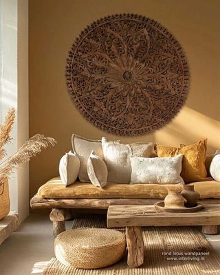 rond lotus houtsnijwerk wandpaneel Ø 120 cm - donker teakhout - muurdecoratie handgemaakt uit Indonesie