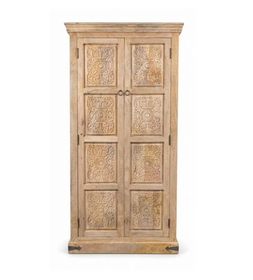 Ibiza kast mangohout met lotus houtsnijwerk uit India  - 180 cm hoog / 90 cm breed / 40 cm diep -  8 panelen met houtsnijwerk - naturel - met 2 deuren