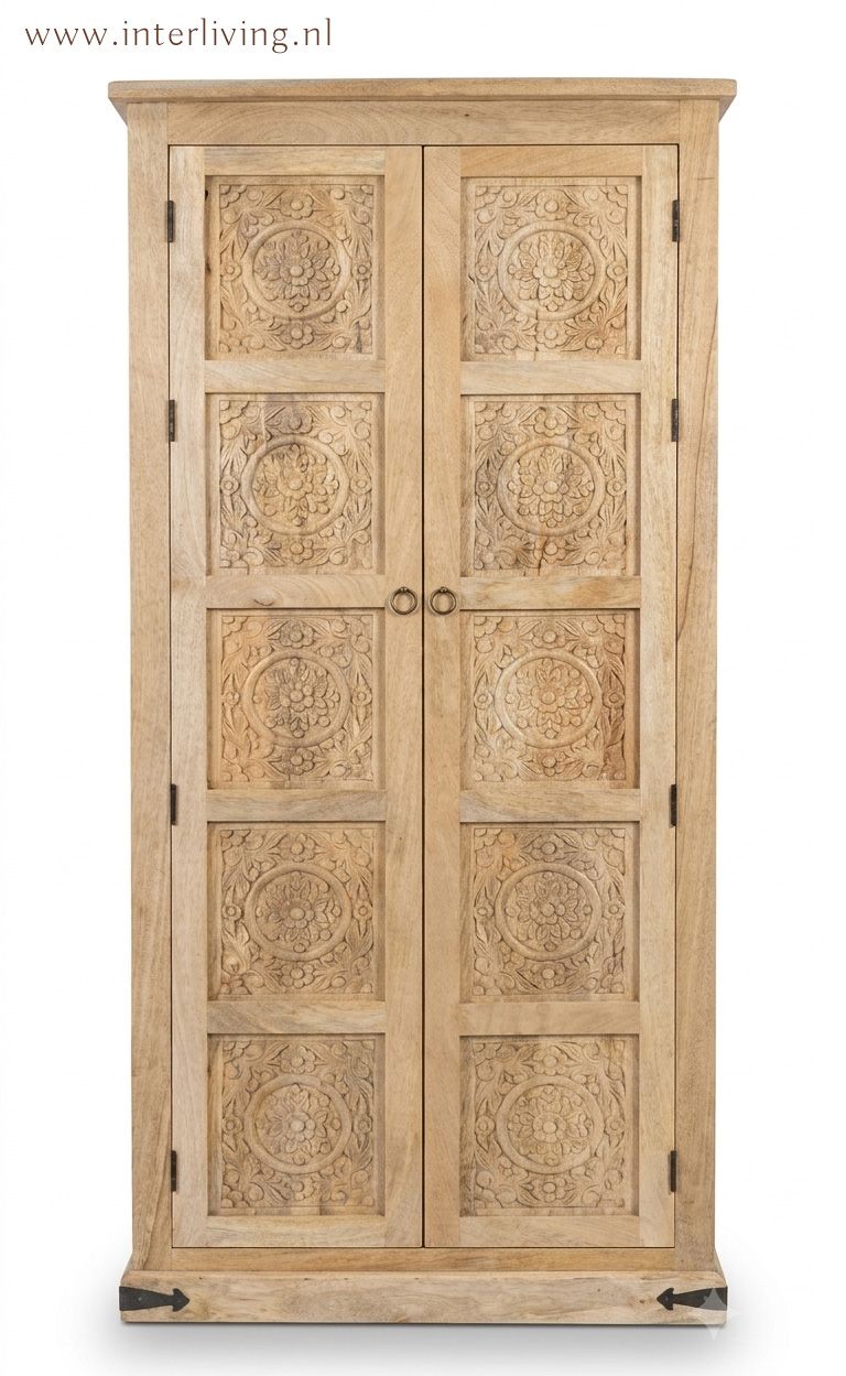 Ibiza kast van hout met lotus houtsnijwerk uit India - 200 cm hoog x 90 cm breed - 10 panelen met houtsnijwerk - naturel met 2 deuren Ibiza kast van hout met lotus houtsnijwerk uit India - 200 cm hoog x 90 cm breed - 10 panelen met houtsnijwerk - naturel met 2 deuren