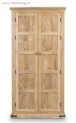 Ibiza kast van hout met lotus houtsnijwerk uit India  - 200 cm hoog x 90 cm breed  -  10 panelen met houtsnijwerk - naturel met 2 deuren