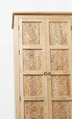 Ibiza kast van hout met lotus houtsnijwerk uit India  - 200 cm hoog x 90 cm breed  -  10 panelen met houtsnijwerk - naturel met 2 deuren