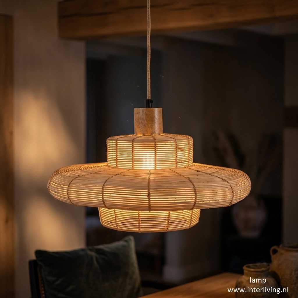 Deense ufo retro hanglamp van rotan - gelaagd saturn design Deense ufo retro hanglamp van rotan - gelaagd saturn design