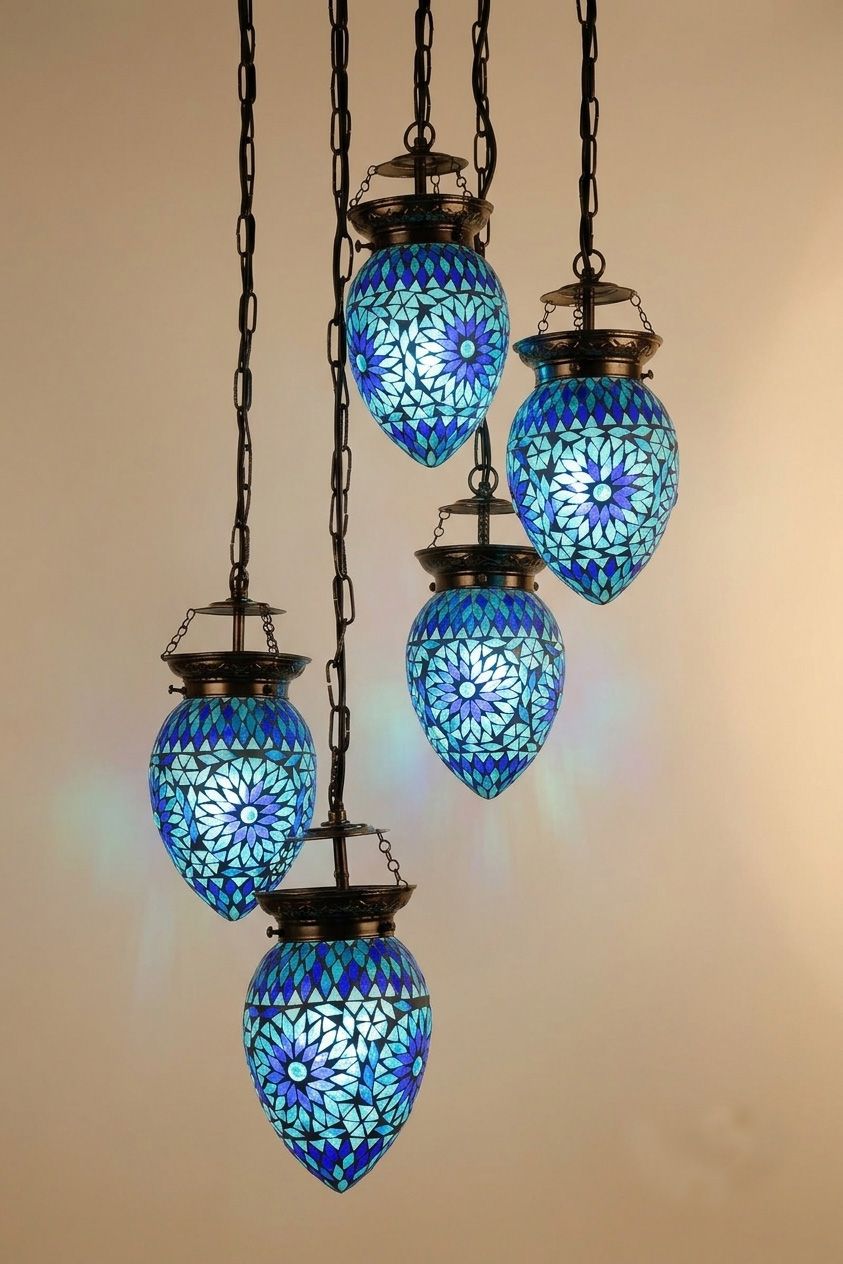 oosterse 5 bol hanglamp papaja - mozaïek turkish design - blauw