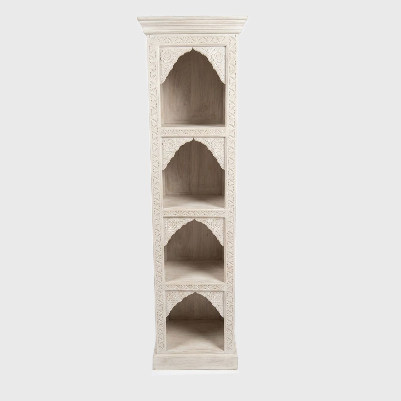 boekenkast mangohout - lichte white wash - houtsnijwerk