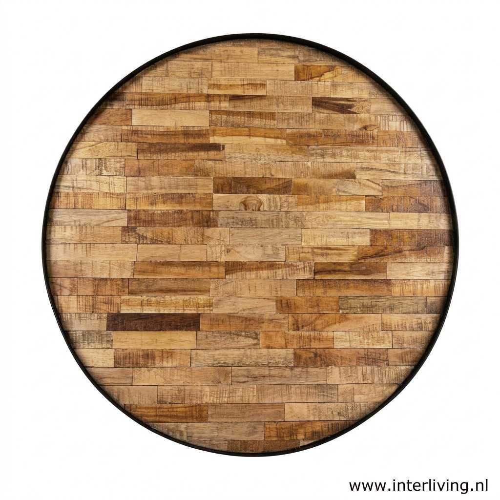 salontafel of bijzettafel rond van gerecycled mango hout met mat zwart metalen frame en  lage pin-hair poten - industrieel stoer