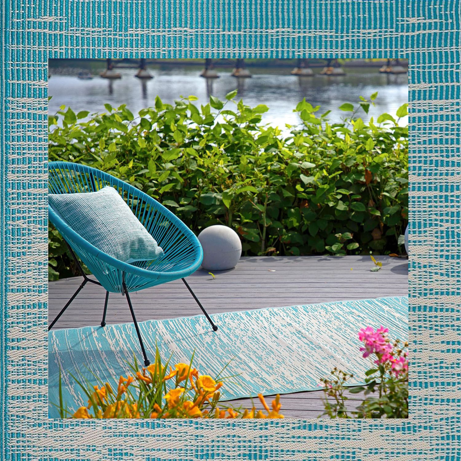 buitenkleed van gerecycled plastic  - vintage patroon- teal blauw