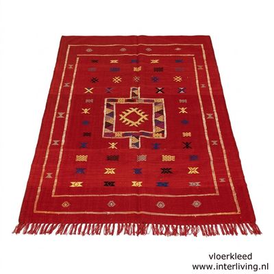 Marokkaans kelim kleed - warm rood met gekleurde abstracte motieven