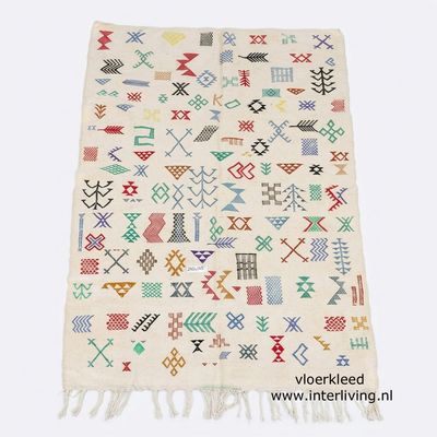 Berber vloerkleed wit - laagpolig tapijt met bont gekleurde geometrische patronen