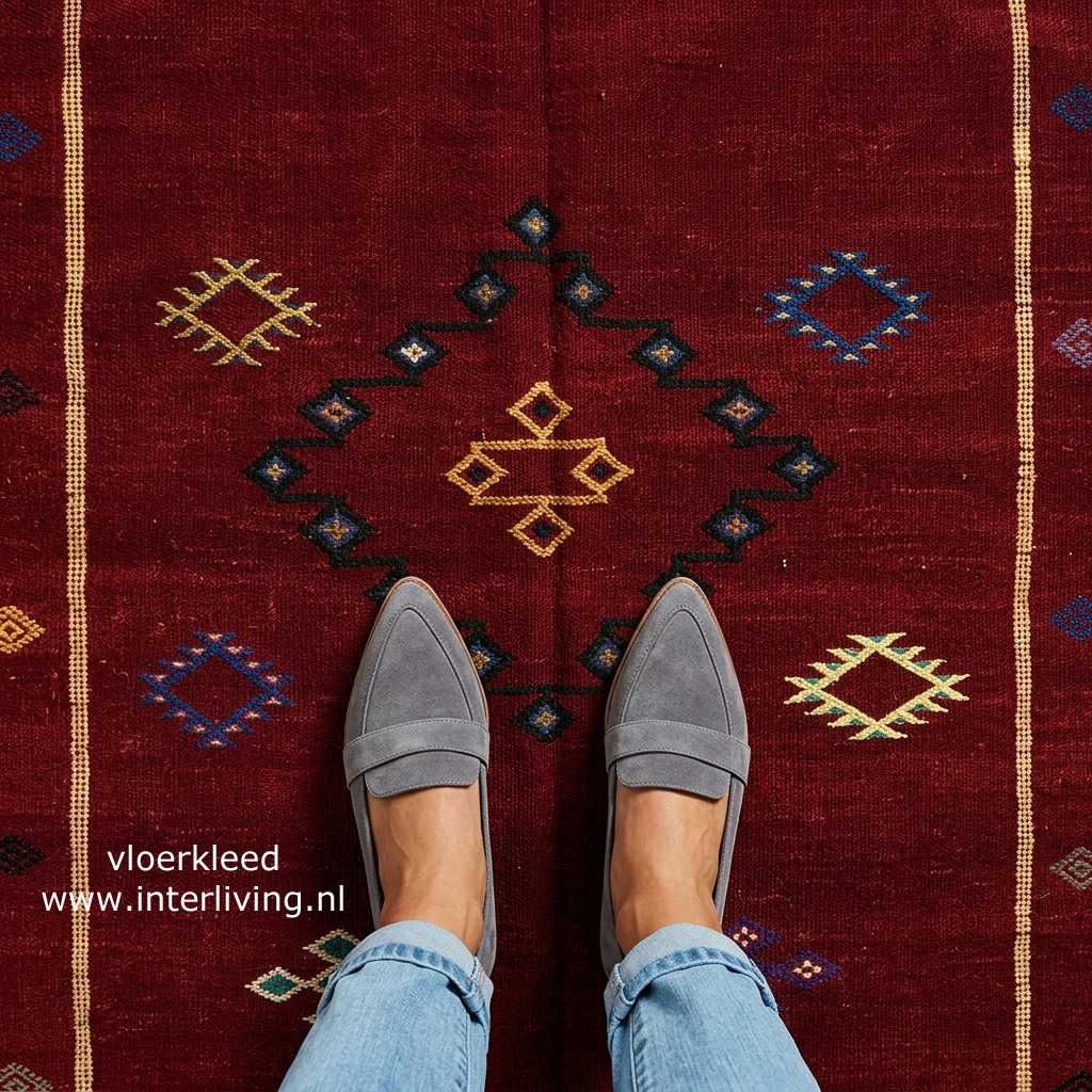 Marokkaans kelim kleed - warm rood met gekleurde abstracte motieven