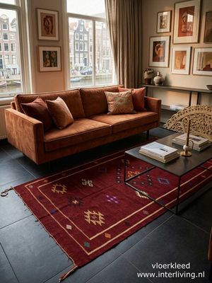 Marokkaans kelim kleed - warm rood met gekleurde abstracte motieven