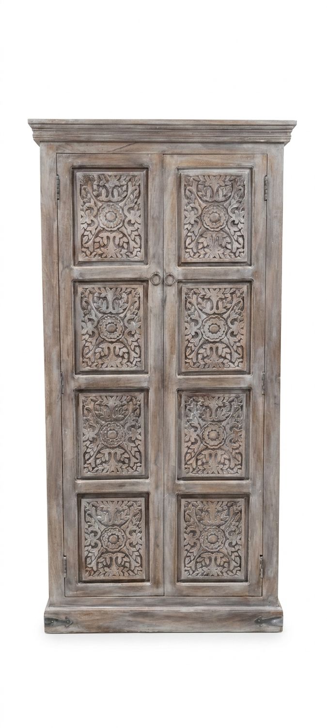 Ibiza kast van hout met lotus houtsnijwerk uit India  - 180 cm hoog / 90 cm breed / 40 cm diep -  8 panelen met houtsnijwerk - grey washed finish met 2 deuren