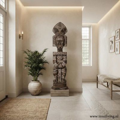 Handgemaakt Tribal men Beeld van Suar Hout - Bali sculptuur