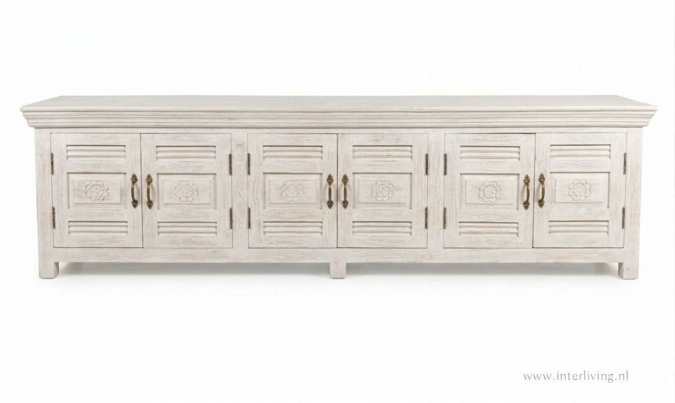 Ibiza dressoir / TV kast  XL -  sunflower - mangohout met white wash  - shutters met houtsnijwerk 200*56*40 cm