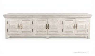 Ibiza dressoir / TV kast  XL -  sunflower - mangohout met white wash  - shutters met houtsnijwerk 200*56*40 cm