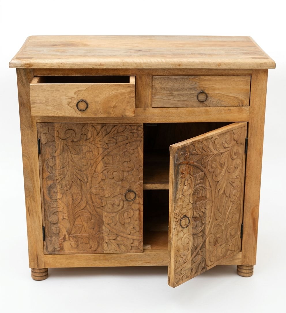 Dressoir unfinished mangohout met lotus houtsnijwerk 76 x 76 x 30 cm met twee lades
