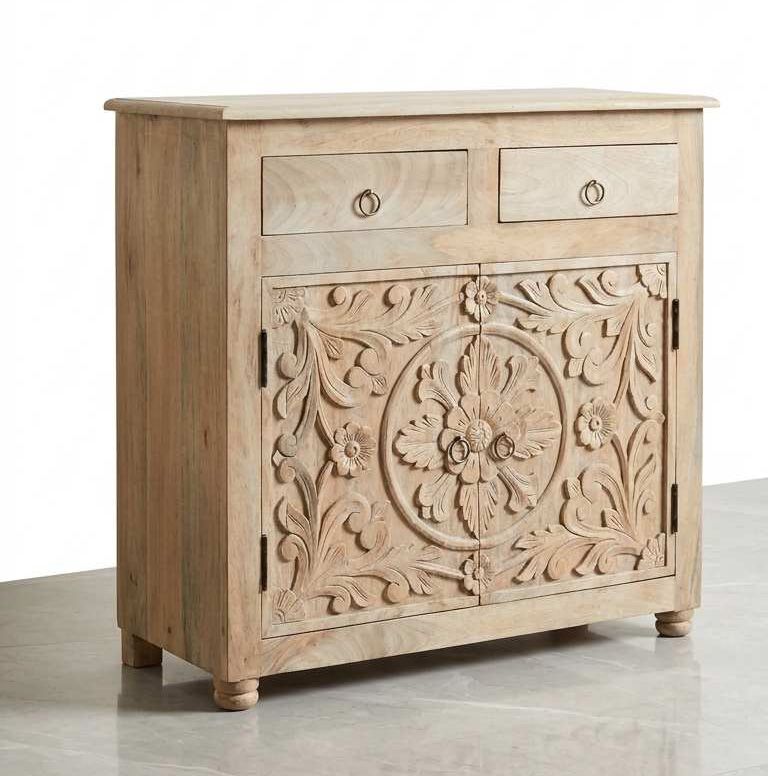 Dressoir unfinished mangohout met lotus houtsnijwerk 76 x 76 x 30 cm met twee lades