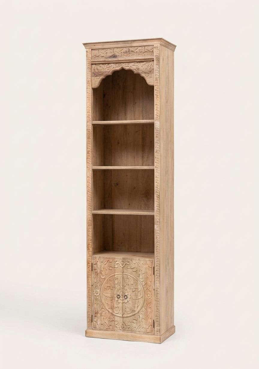 Wandkast / boekenkast XXL van naturel mangohout - oosterse bogen en houtsnijwerk - van massief mangohout  240*60*35 cm uit India