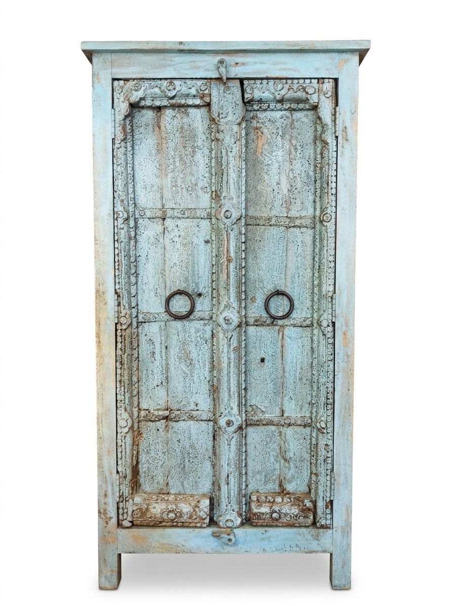 Indiase kast van blue wash mangohout - 150 cm hoog / 75 cm breed / 40 cm diep - vintage - met 2 deuren Indiase kast van blue wash mangohout - 150 cm hoog / 75 cm breed / 40 cm diep - vintage - met 2 deuren