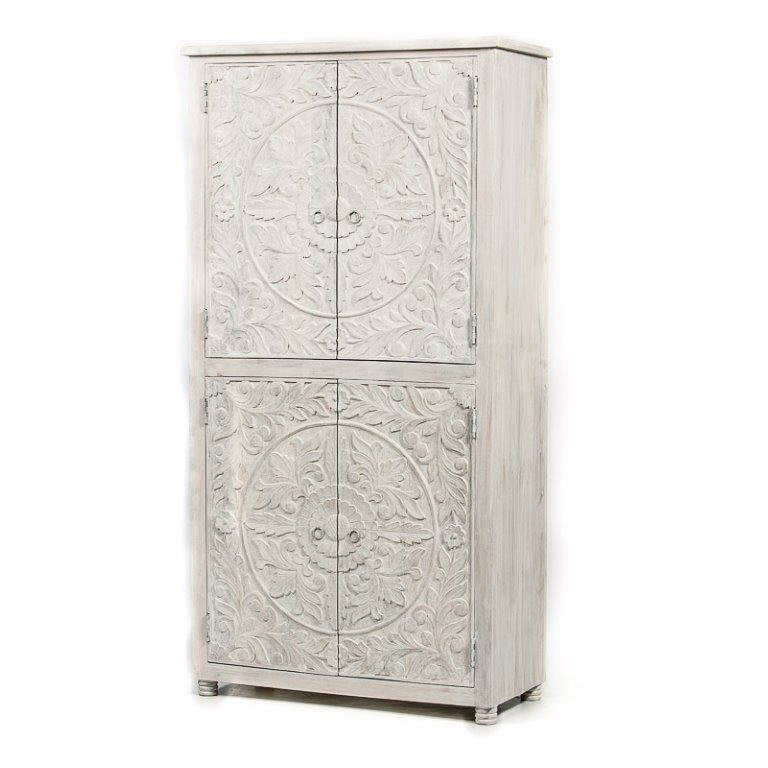 oosterse buffet kast hoog model - white washed met lotus houtsnijwerk & 4 deuren