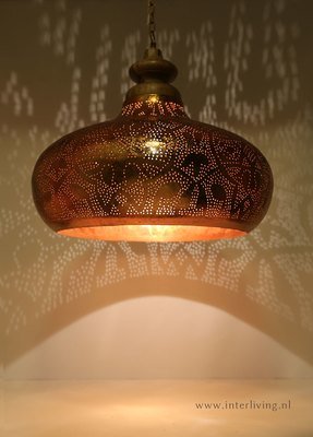 Industriele hanglamp in filigrain design, vintage koper met hout afwerking + gratis bijpassende set waxinehouders!
