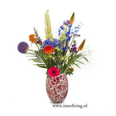 Hippe funky kleurrijke bloemenvaas van "crackle glass" gebroken mozaïek met parelmoerglans in rood / paars - gerecycled glas