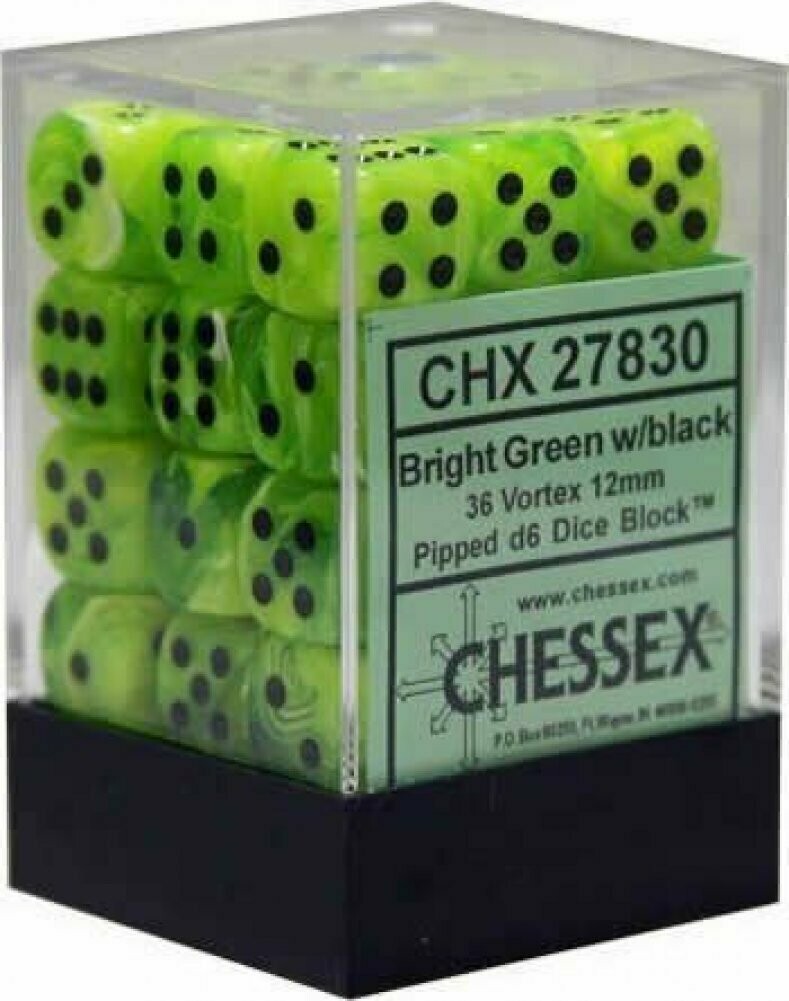 12mm d6 Vortex - Bright Green / Black (36ct / block)
