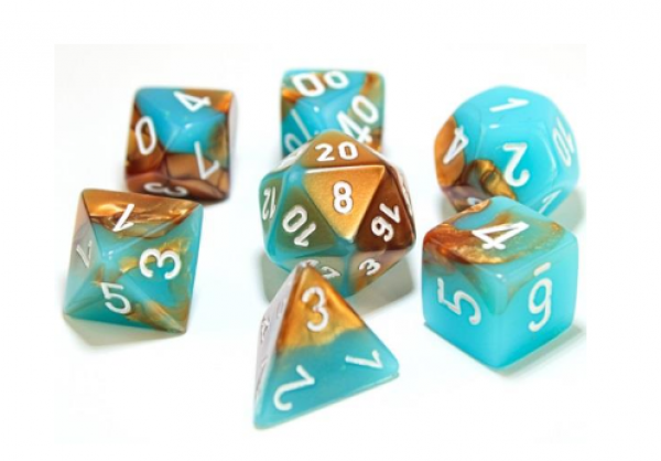 Chessex Lab Dice: Polyhedral 7-Die RPG Set - Gemini: Copper-Turquoise / White - Luminary Effect