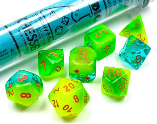 Chessex Lab Dice: Polyhedral 7-Die RPG Set - Gemini: Plasma Green-Teal/Orange - Luminary Effect
