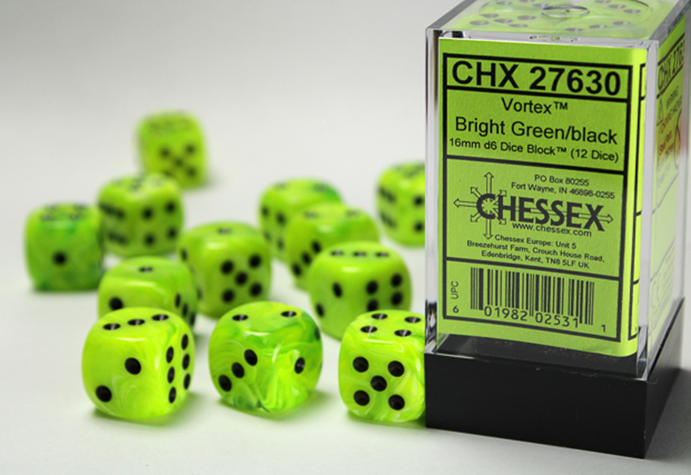 16mm d6 Vortex - Bright Green / Black (12ct / block)