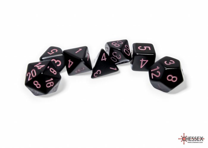 Polyhedral 7-die RPG Set: Opaque, Black / Pink (Chessex)