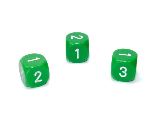 Chessex Dice: d3 16mm Opaque Green / White (Single d6 w/ 1-2-3 twice)