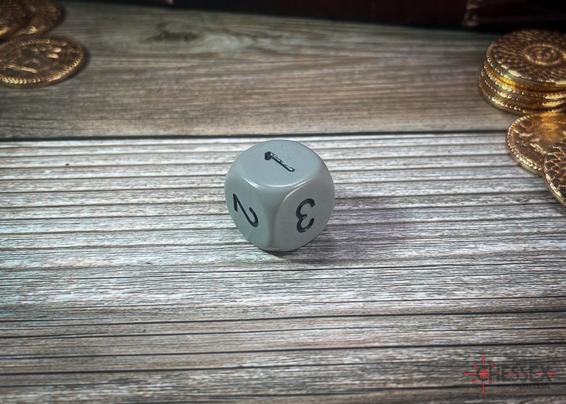 Chessex Dice: d3 16mm Opaque Grey / Black (Single d6 w/ 1-2-3 twice)