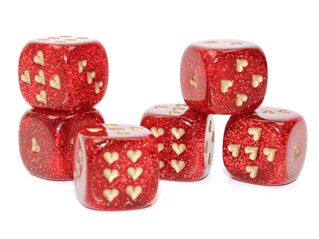 16mm d6 Glitter - Ruby Red / Gold w/ Heart Pips (Chessex)