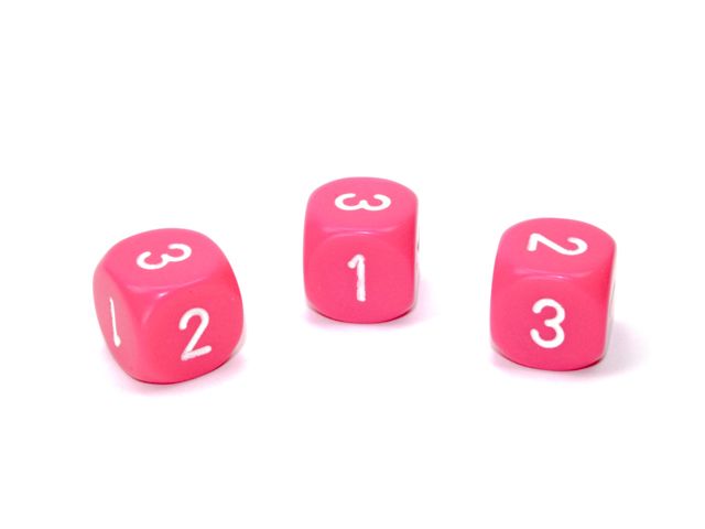 Chessex Dice: d3 16mm Opaque Pink / White (Single d6 w/ 1-2-3 twice)