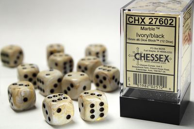 16mm d6 Marble - Ivory / Black (12ct / block) (Chessex)