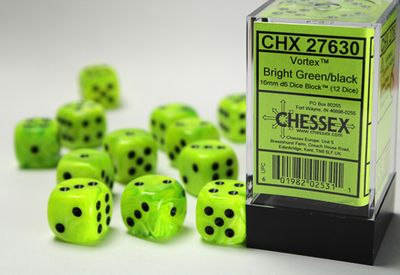 16mm d6 Vortex - Bright Green / Black (12ct / block)