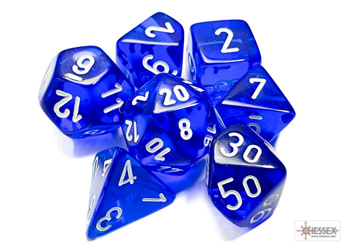 Polyhedral 7-die RPG Set: Translucent, Blue / White (Chessex)