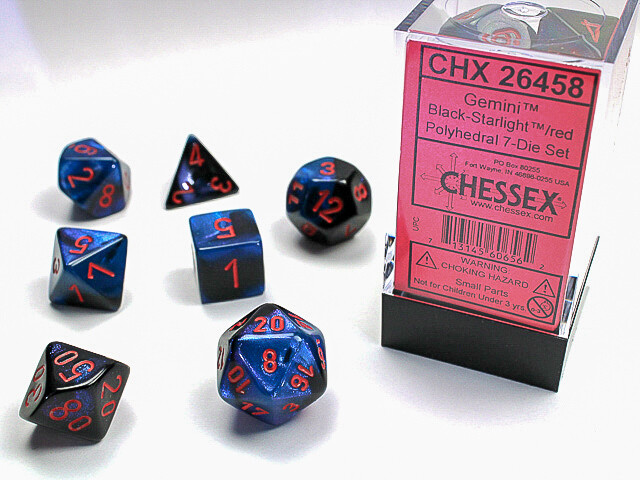 Polyhedral 7-die RPG Set – Gemini: Black-Starlight / Red