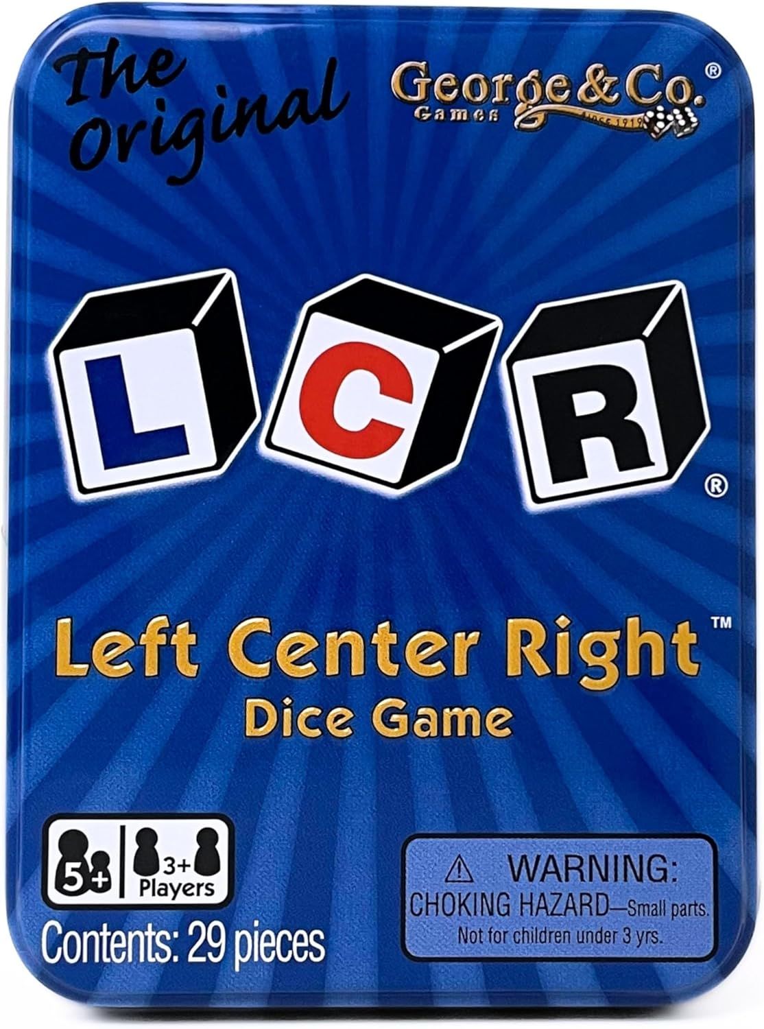 LCR Original Left Center Right Dice Game in Blue Tin