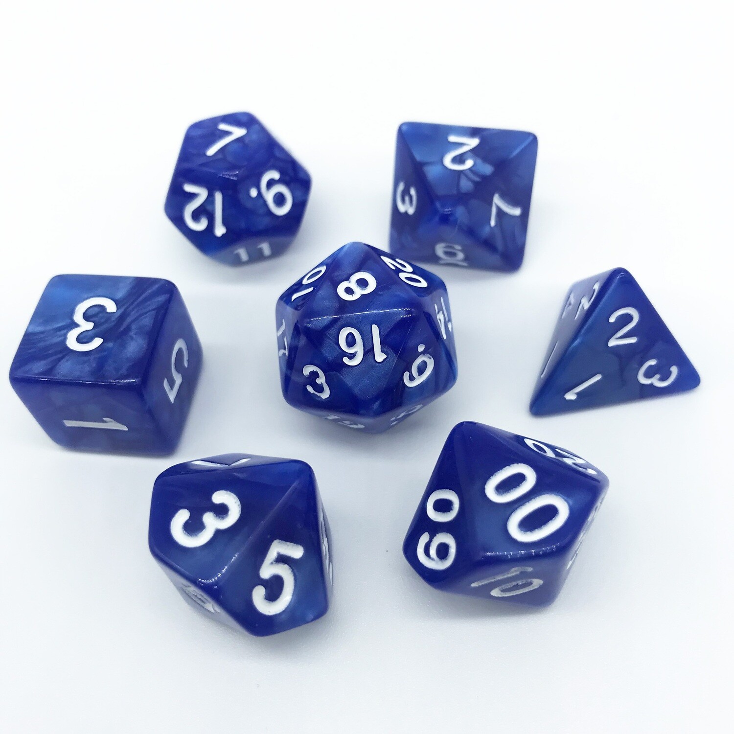 Dice Set - Blue marbled with white numbers