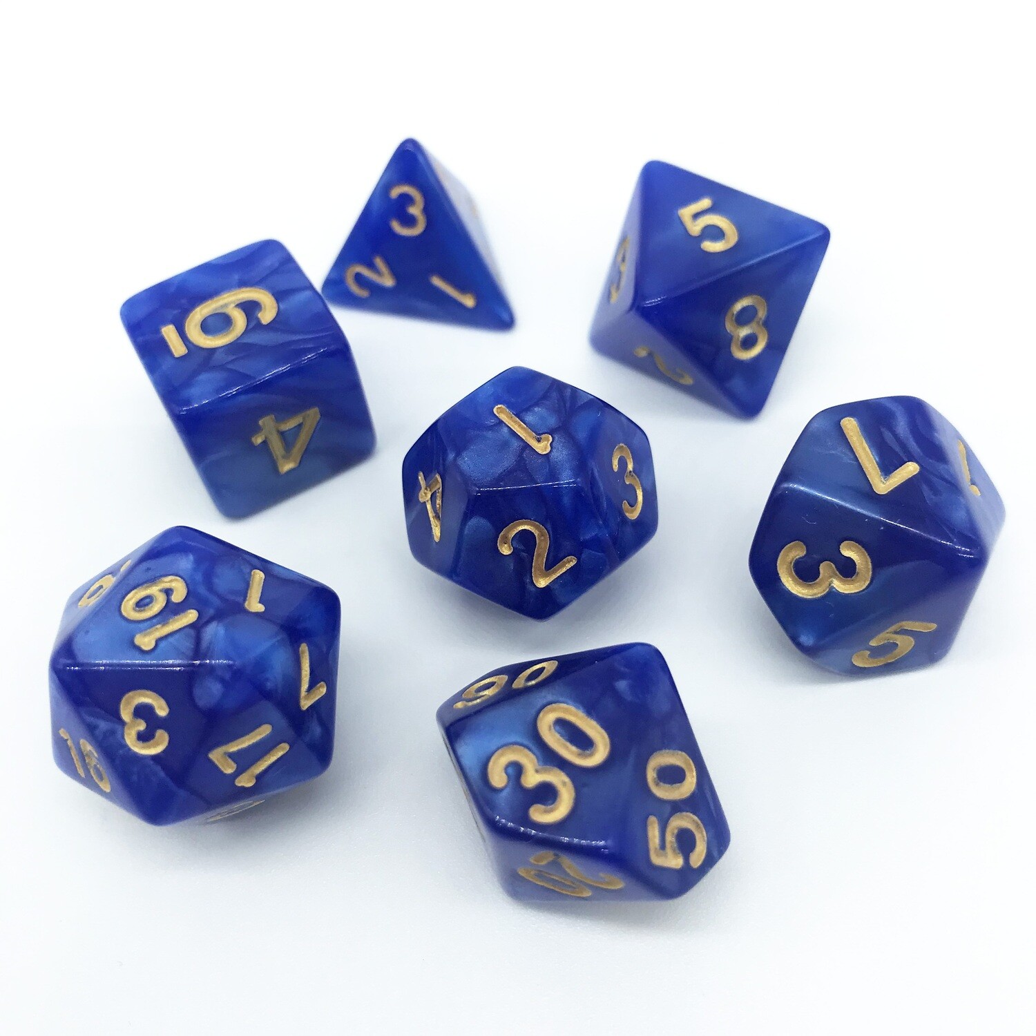 Dice Set - Blue marbled with gold numbers