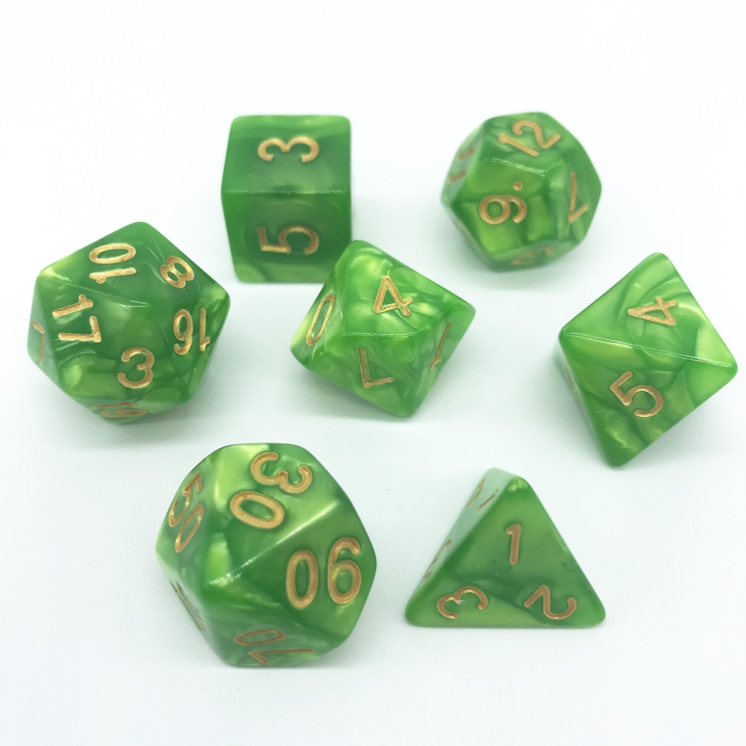 Dice Set - Green marbled with gold numbers