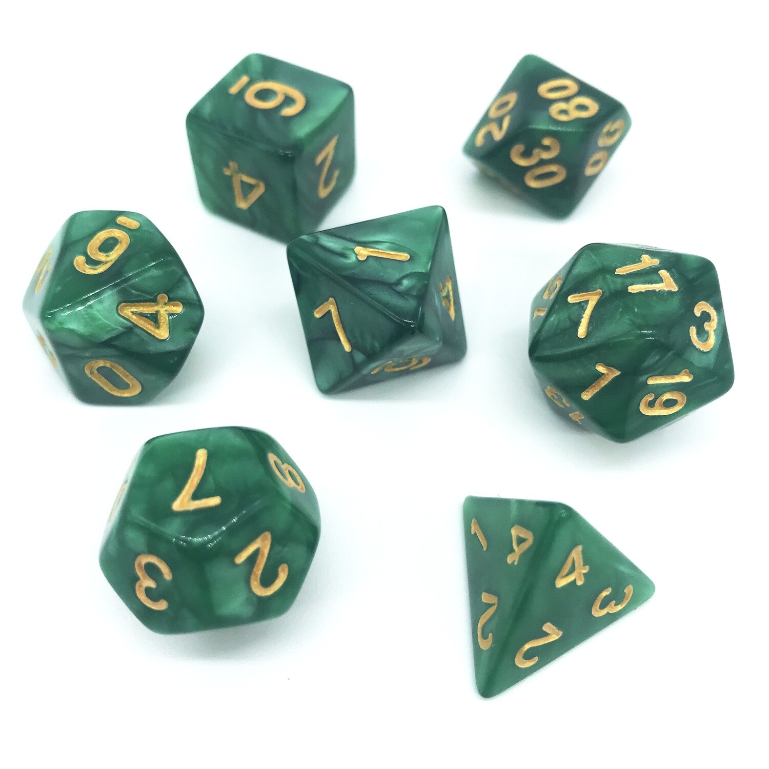 Dice Set - Dark Green marbled with gold numbers