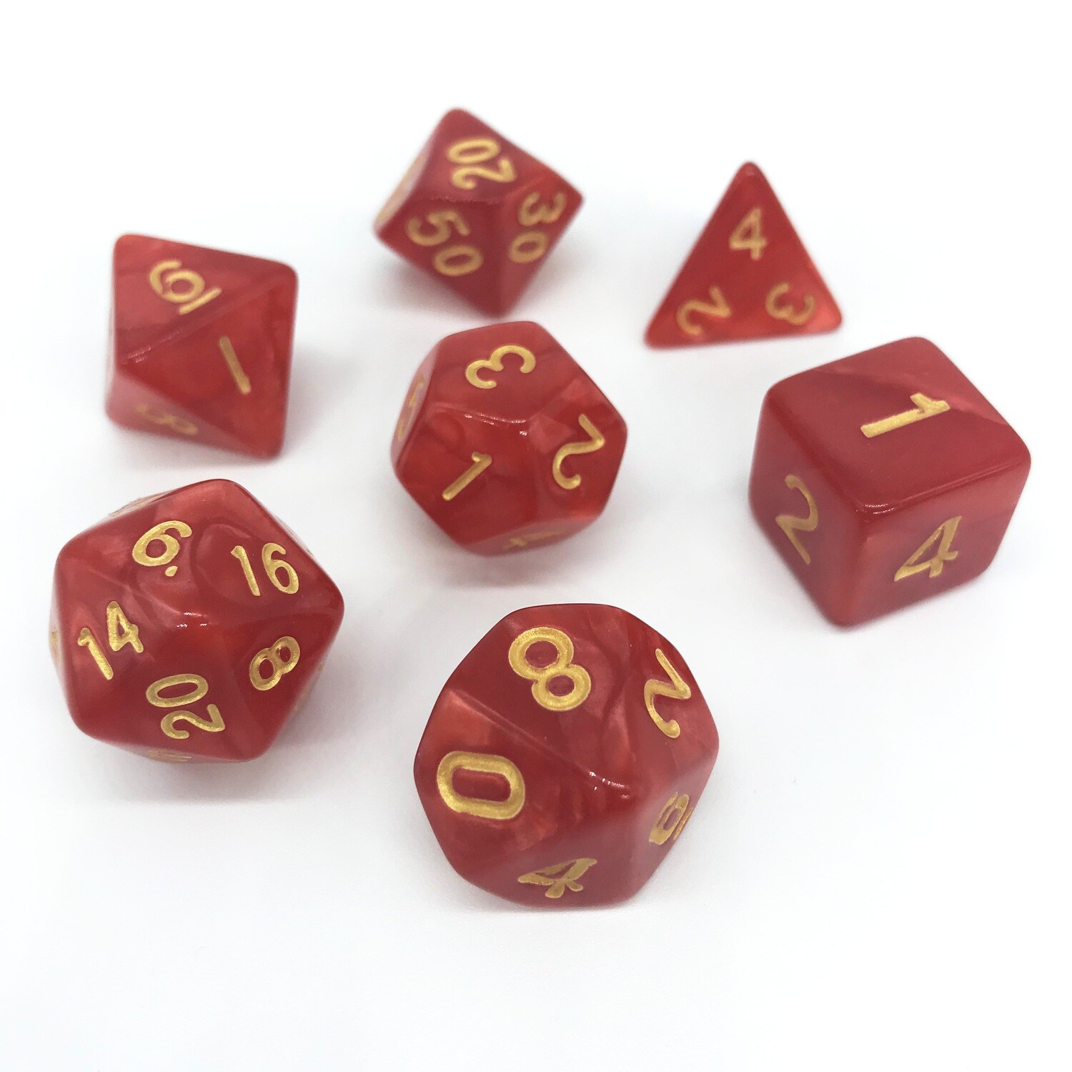 Dice Set - Red marbled with gold numbers