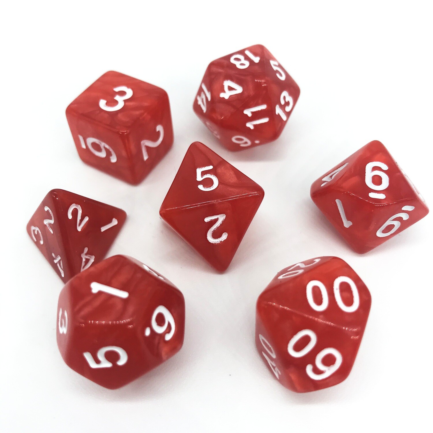 Dice Set - Red marbled with white numbers