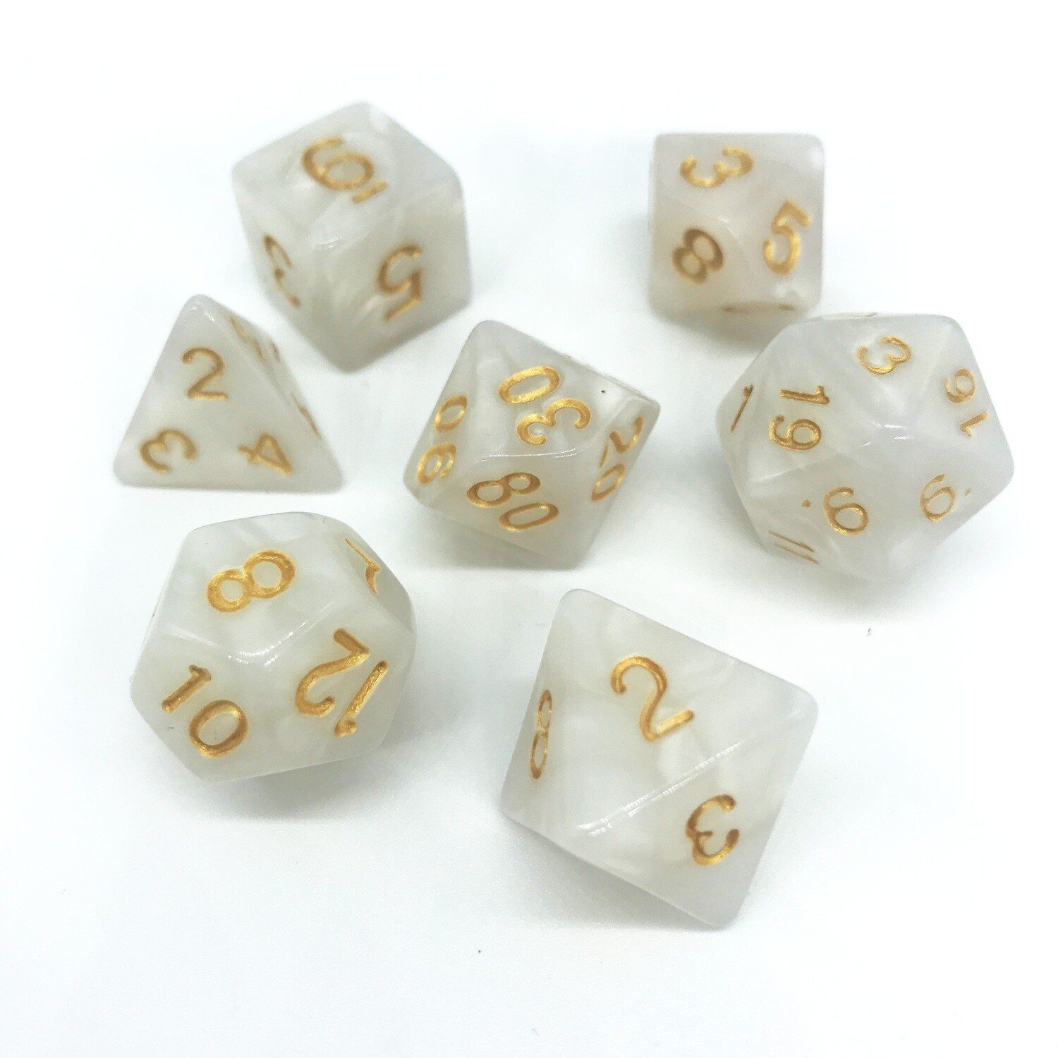 Dice Set - White marbled with gold numbers