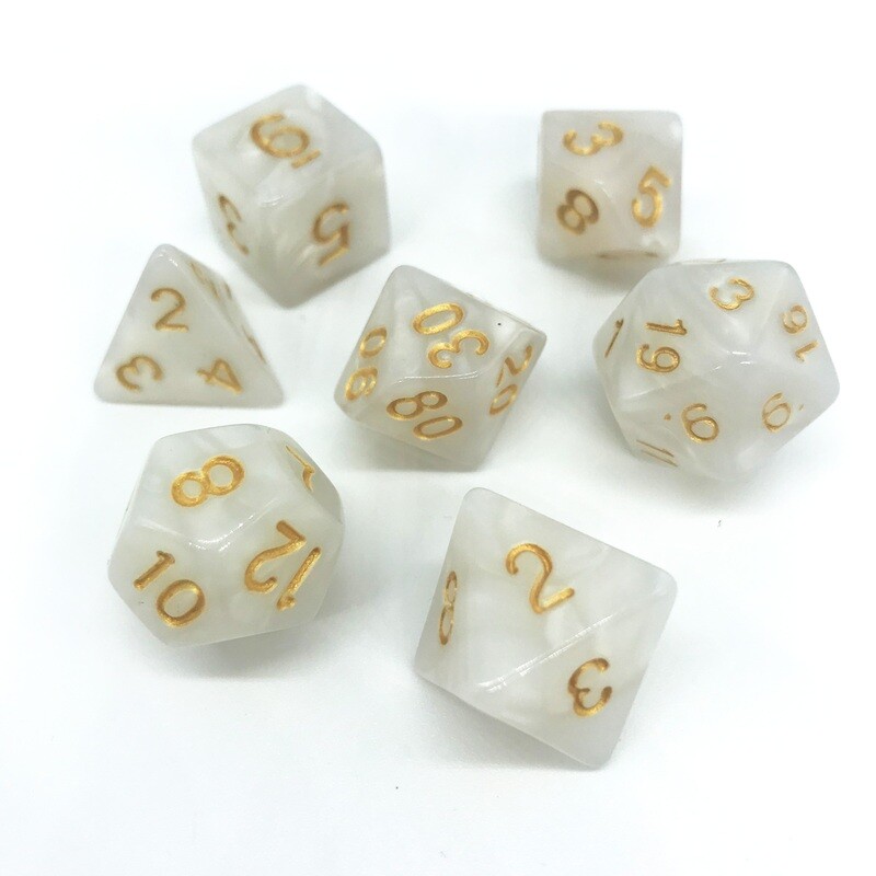 Dice Set - White marbled with gold numbers